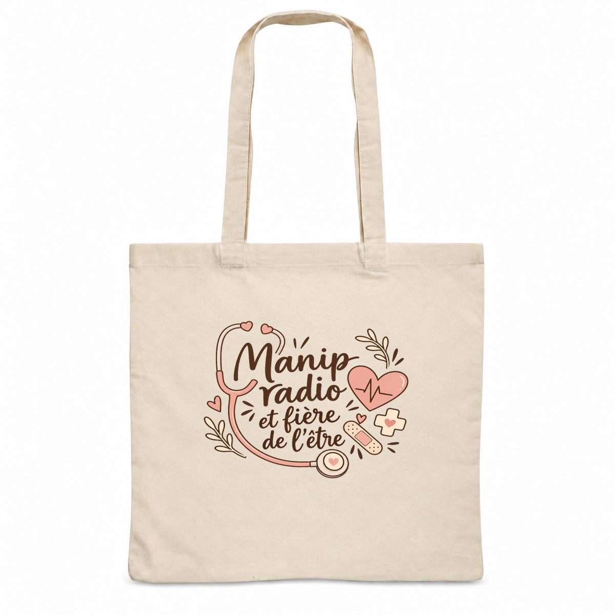 Tote bag manipulatrice radio « Manip radio et fière de l'être » Essentiel, sac plat en coton naturel 140 g/m² de 38 × 42 cm, illustration bohème d'un stéthoscope, d'un cœur battant, d'une petite croix et d'un pansement