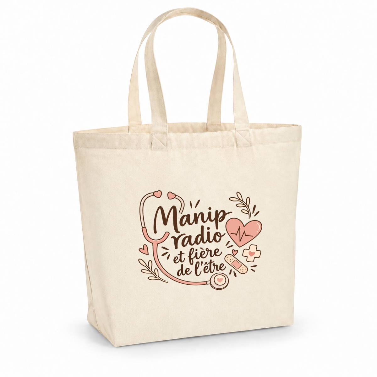 Tote bag manipulatrice radio « Manip radio et fière de l'être » Premium, cabas à soufflet en coton naturel 200 g/m² de 18 litres, illustration bohème d'un stéthoscope, d'un cœur battant, d'une petite croix et d'un pansement