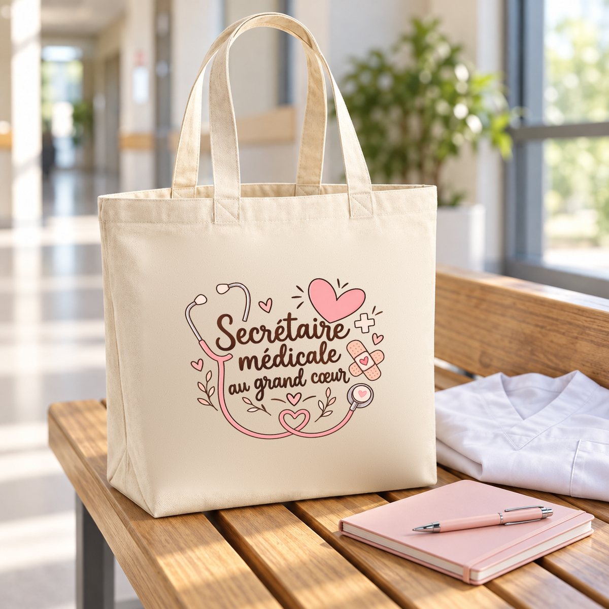 Tote bag secrétaire médicale « Secrétaire médicale au grand cœur » Premium posé sur un banc, à côté d'une blouse et d'un carnet rose