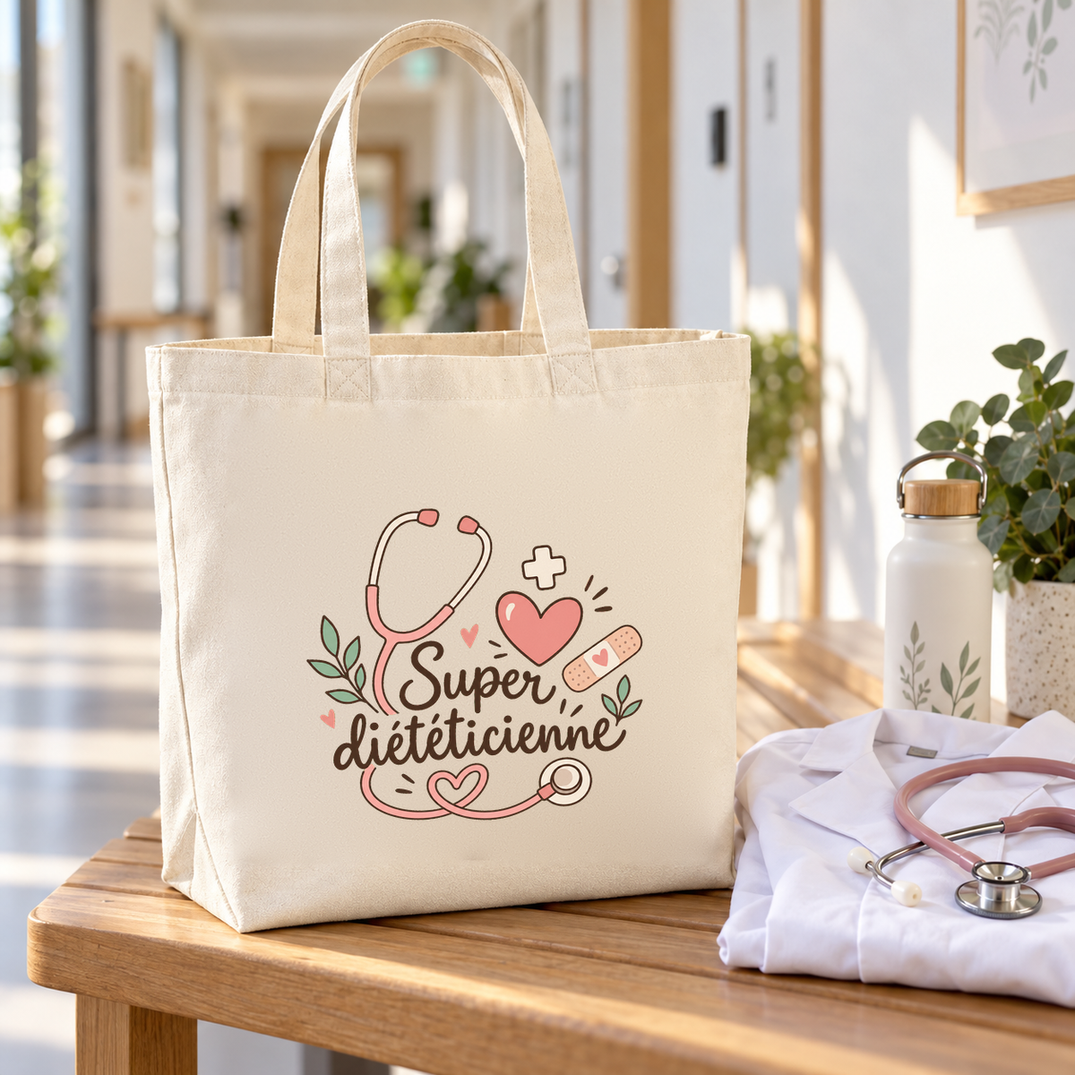Tote bag diététicienne « Super diététicienne » Premium posé sur une table, à côté d'une blouse et d'un stéthoscope