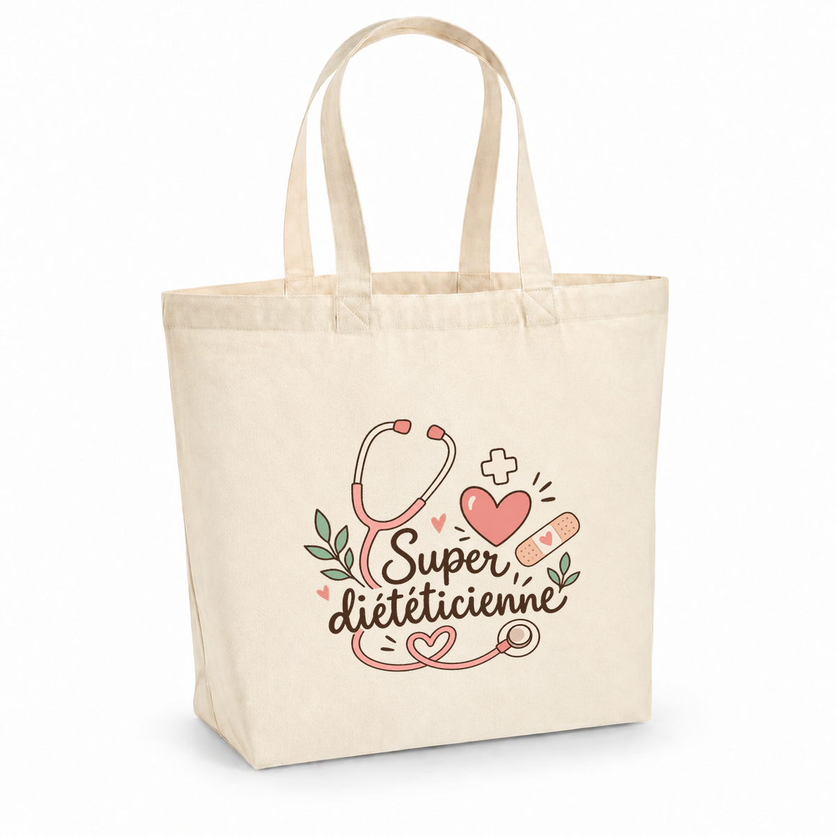 Tote bag diététicienne « Super diététicienne » Premium, cabas à soufflet en coton naturel 200 g/m² de 18 litres, illustration bohème d'un stéthoscope, de cœurs, d'une petite croix et d'un pansement