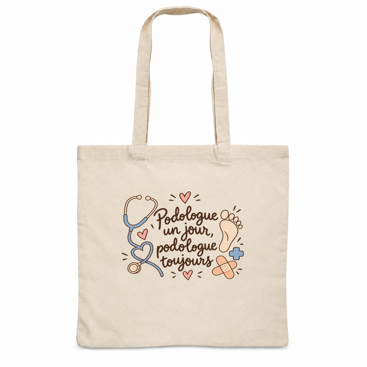 Tote bag podologue « Podologue un jour, podologue toujours » Essentiel, sac plat en coton naturel 140 g/m² de 38 × 42 cm, illustration bohème d'un stéthoscope, d'une empreinte de pied, de cœurs et d'un pansement