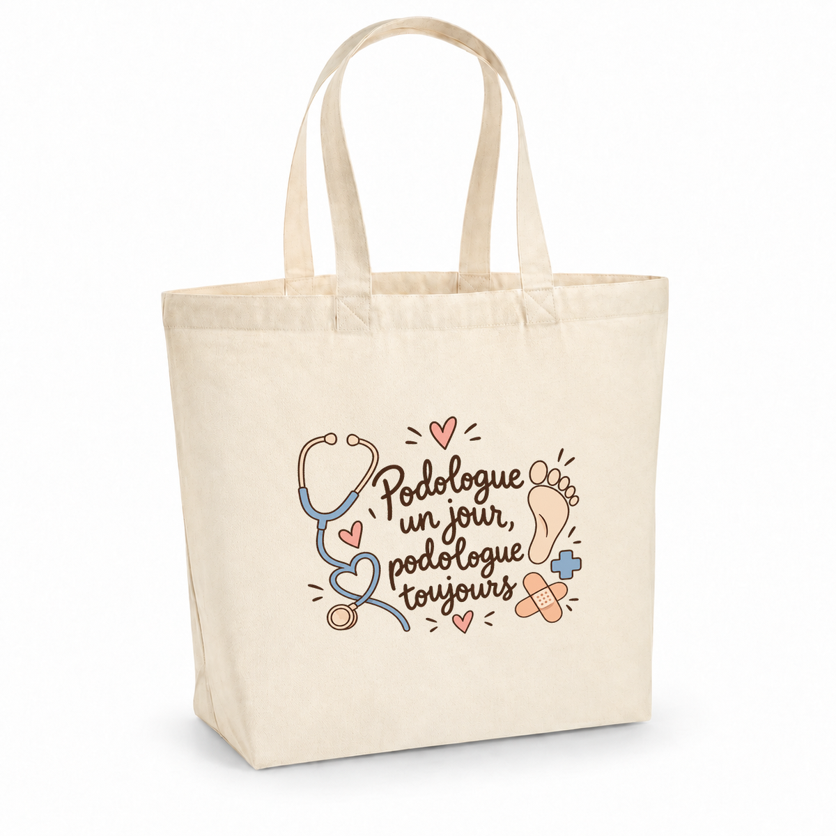 Tote bag podologue « Podologue un jour, podologue toujours » Premium, cabas à soufflet en coton naturel 200 g/m² de 18 litres, illustration bohème d'un stéthoscope, d'une empreinte de pied, de cœurs et d'un pansement