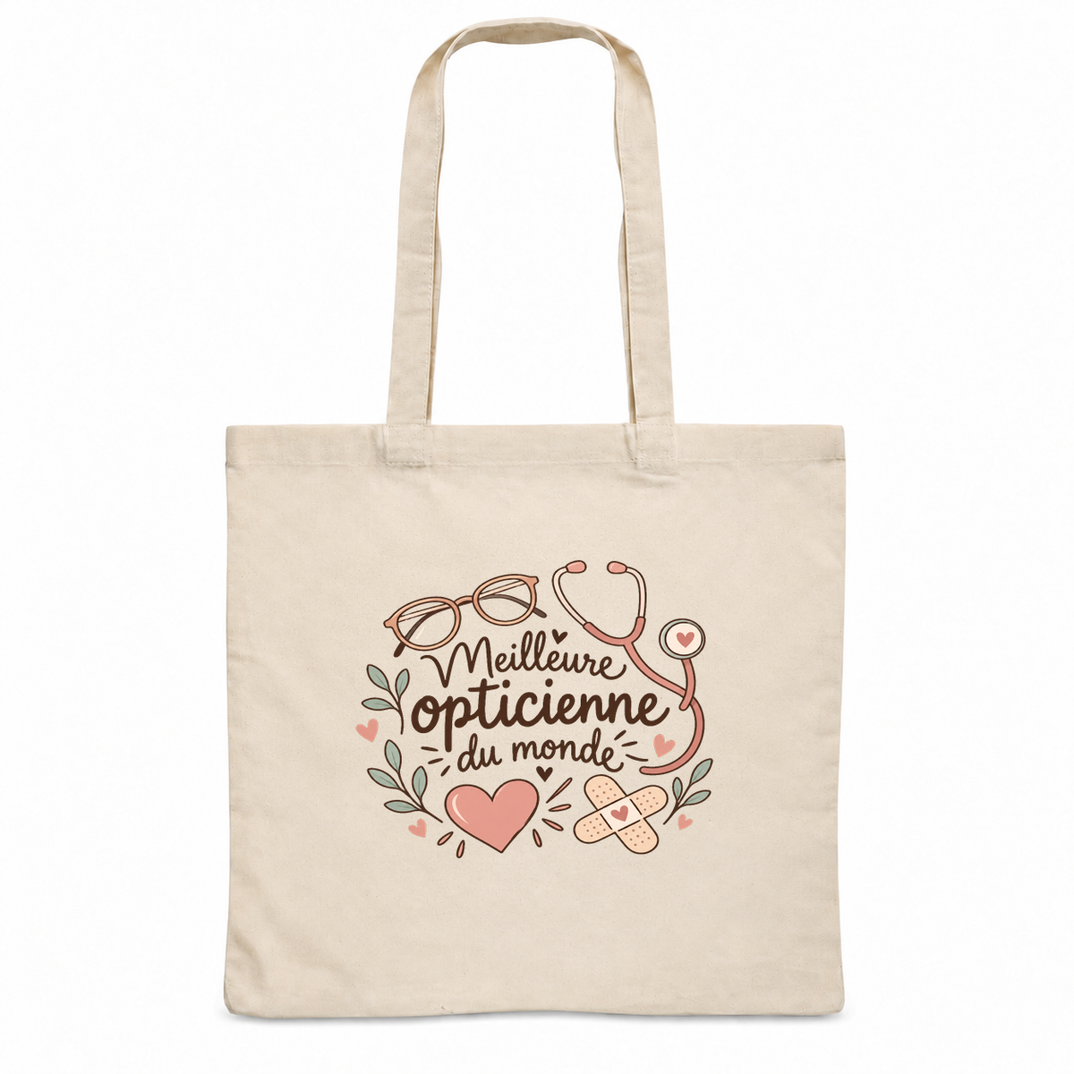 Tote bag opticienne « Meilleure opticienne du monde » Essentiel, sac plat en coton naturel 140 g/m² de 38 × 42 cm, illustration bohème d'une paire de lunettes, d'un stéthoscope, de cœurs et d'un pansement