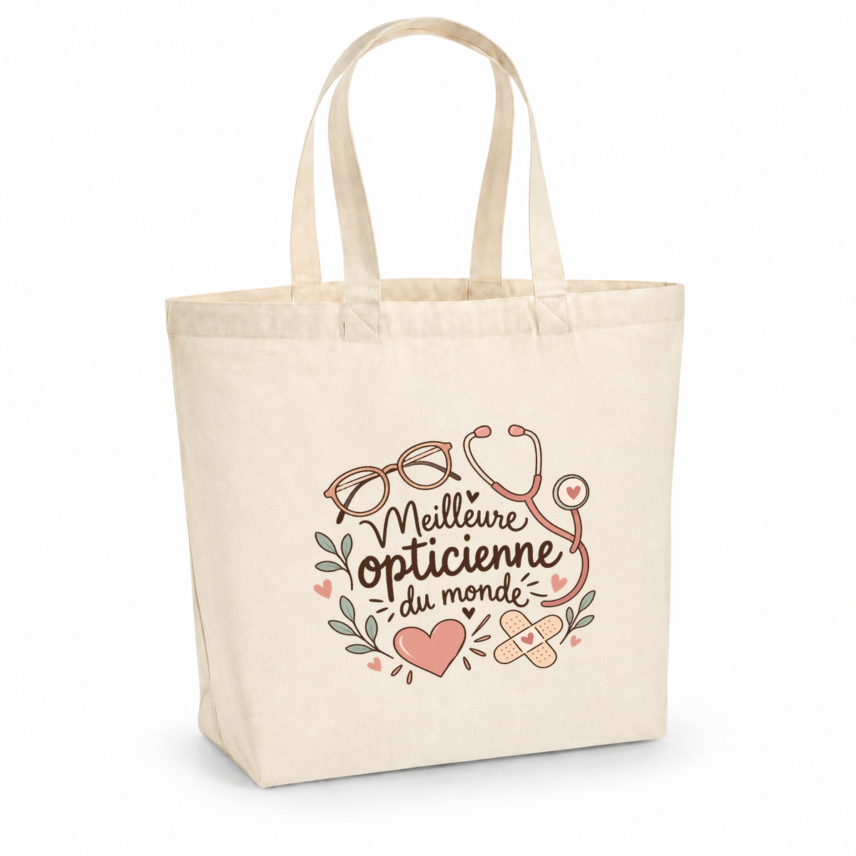 Tote bag opticienne « Meilleure opticienne du monde » Premium, cabas à soufflet en coton naturel 200 g/m² de 18 litres, illustration bohème d'une paire de lunettes, d'un stéthoscope, de cœurs et d'un pansement