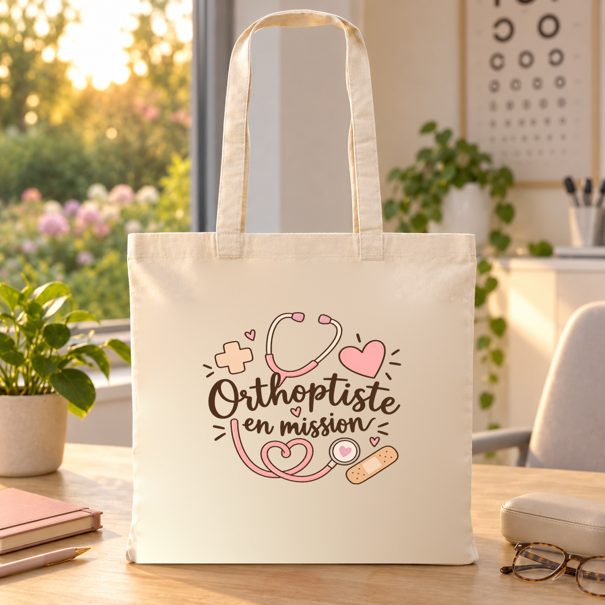 Tote bag orthoptiste « Orthoptiste en mission » Essentiel posé sur un bureau près d'une fenêtre ensoleillée