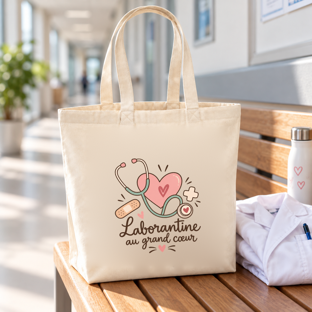 Tote bag laborantine « Laborantine au grand cœur » Premium posé sur un banc, à côté d'une blouse pliée