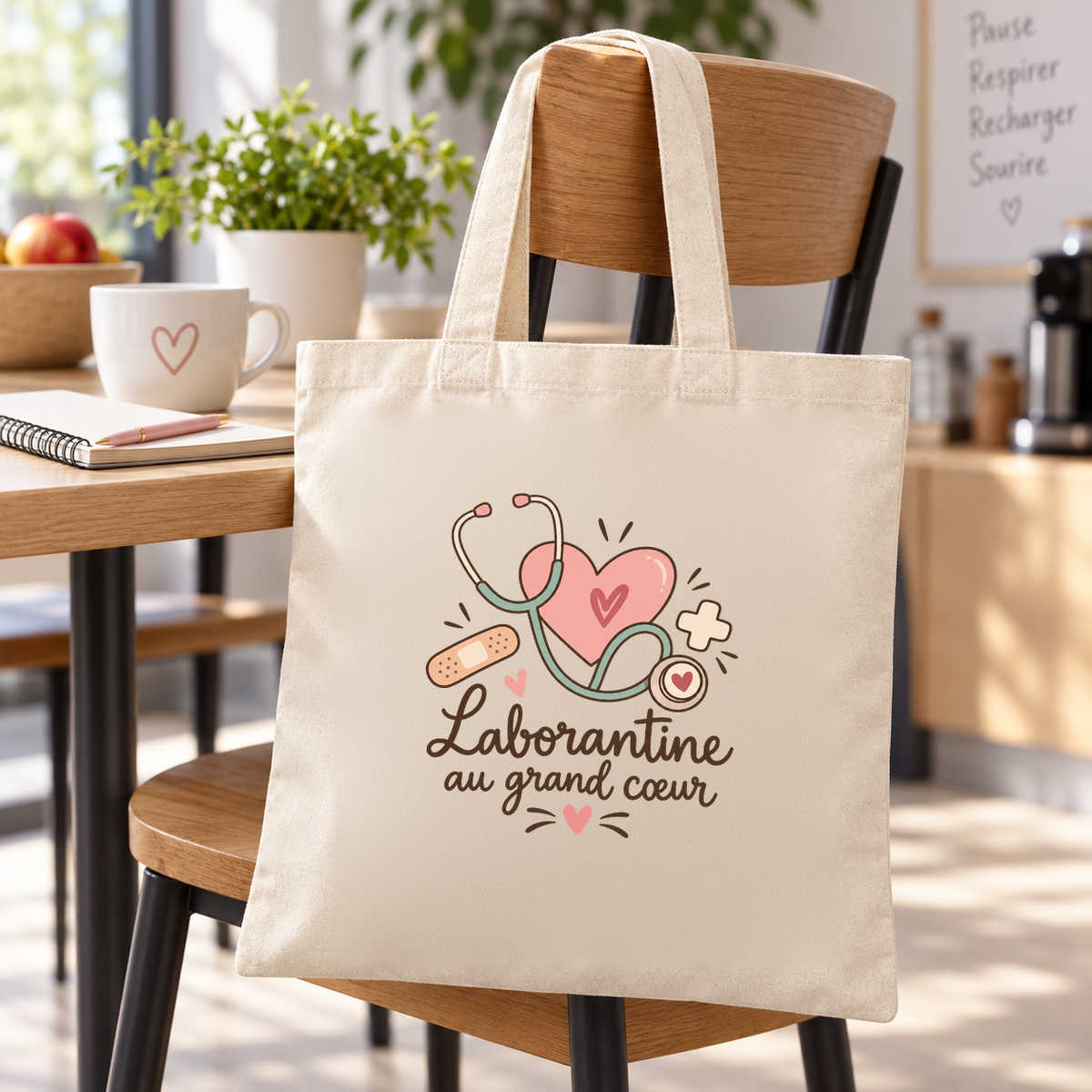 Tote bag laborantine « Laborantine au grand cœur » Essentiel suspendu à une chaise près d'une table, à côté d'un mug