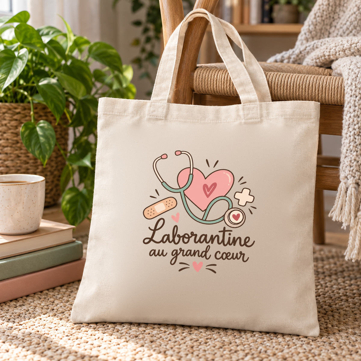 Tote bag laborantine « Laborantine au grand cœur » Essentiel posé sur une chaise, à côté d'une plante verte