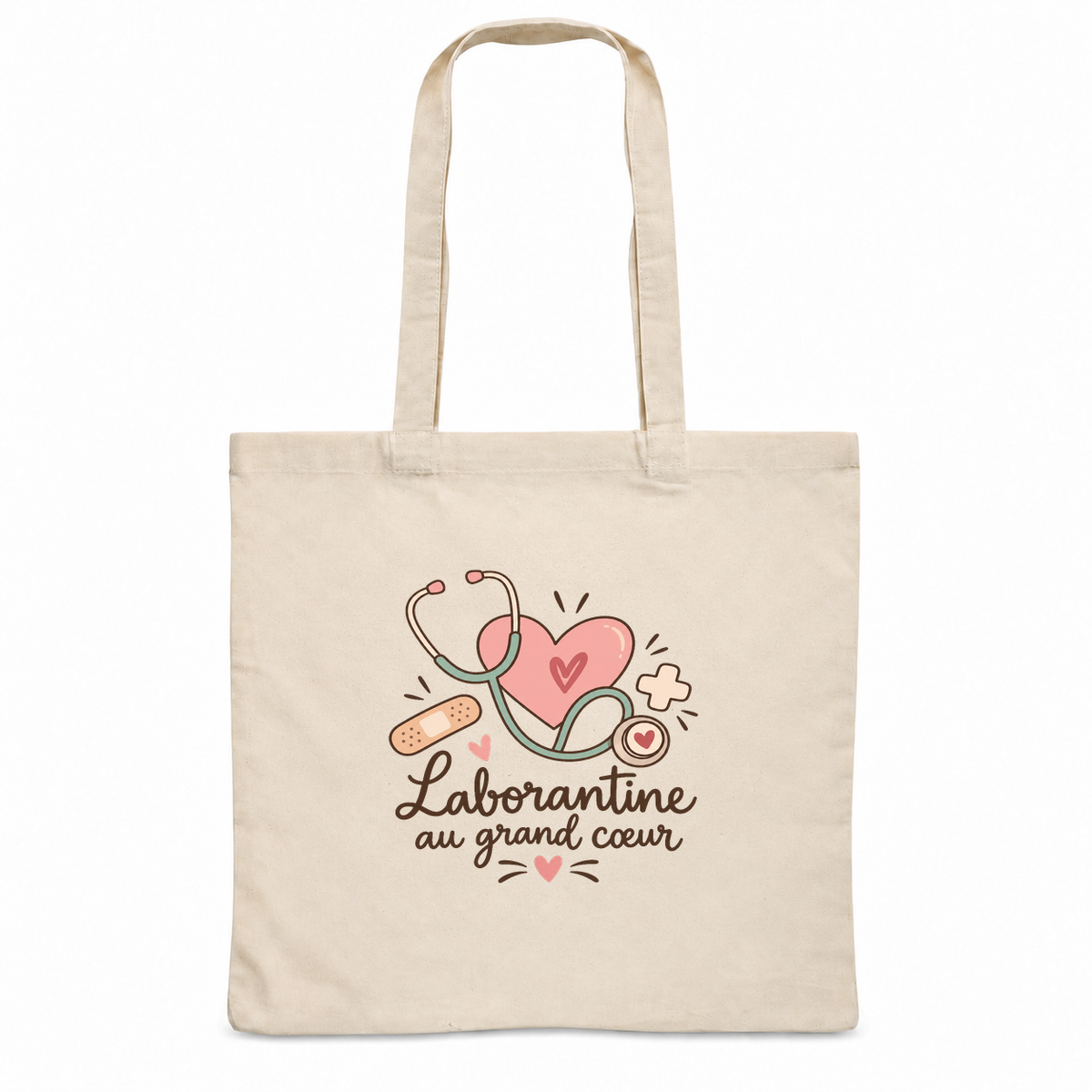 Tote bag laborantine « Laborantine au grand cœur » Essentiel, sac plat en coton naturel 140 g/m² de 38 × 42 cm, illustration bohème d'un stéthoscope, d'un grand cœur, d'une petite croix et d'un pansement