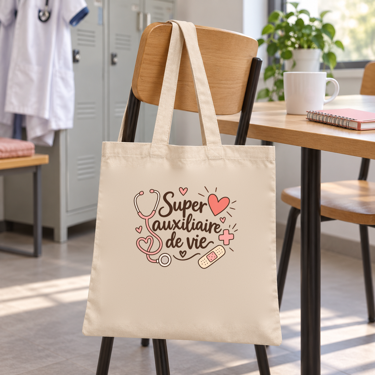 Tote bag auxiliaire de vie « Super auxiliaire de vie » Essentiel suspendu à une chaise dans la salle de pause