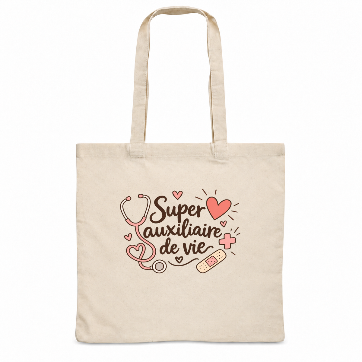 Tote bag auxiliaire de vie « Super auxiliaire de vie » Essentiel, sac plat en coton naturel 140 g/m² de 38 × 42 cm, illustration bohème d'un stéthoscope, de cœurs, d'une petite croix et d'un pansement