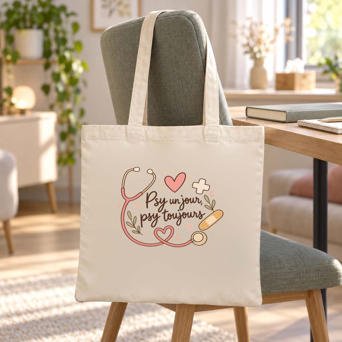Tote bag psychologue « Psy un jour, psy toujours » Essentiel suspendu à un fauteuil dans un cabinet de consultation