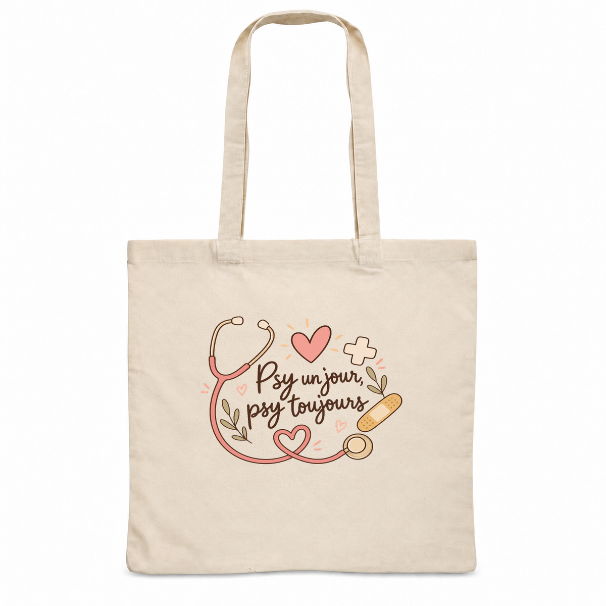 Tote bag psychologue « Psy un jour, psy toujours » Essentiel, sac plat en coton naturel 140 g/m² de 38 × 42 cm, illustration bohème d'un stéthoscope, de cœurs, d'une petite croix et d'un pansement