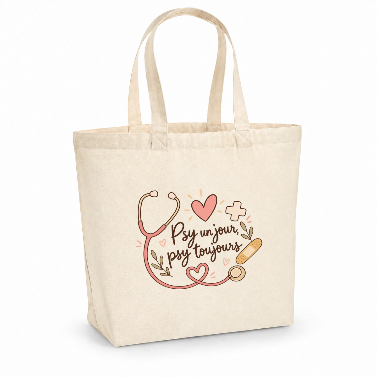 Tote bag psychologue « Psy un jour, psy toujours » Premium, cabas à soufflet en coton naturel 200 g/m² de 18 litres, illustration bohème d'un stéthoscope, de cœurs, d'une petite croix et d'un pansement