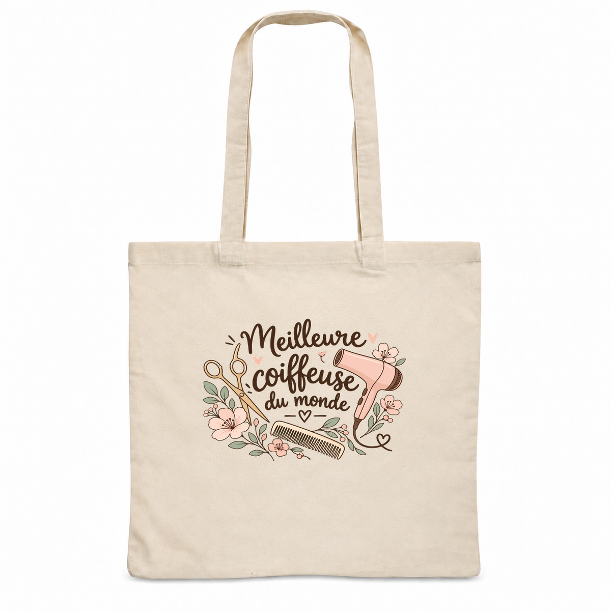 Tote bag coiffeuse « Meilleure coiffeuse du monde » Essentiel, sac plat en coton naturel 140 g/m² de 38 × 42 cm, illustration bohème d'un sèche-cheveux, de ciseaux, d'un peigne et de fleurs