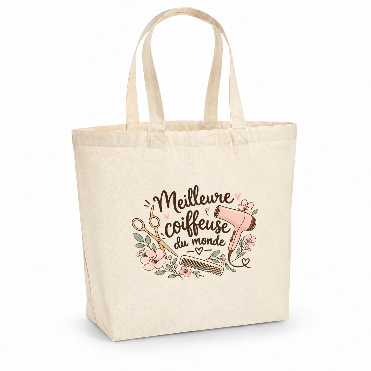 Tote bag coiffeuse « Meilleure coiffeuse du monde » Premium, cabas à soufflet en coton naturel 200 g/m² de 18 litres, illustration bohème d'un sèche-cheveux, de ciseaux, d'un peigne et de fleurs