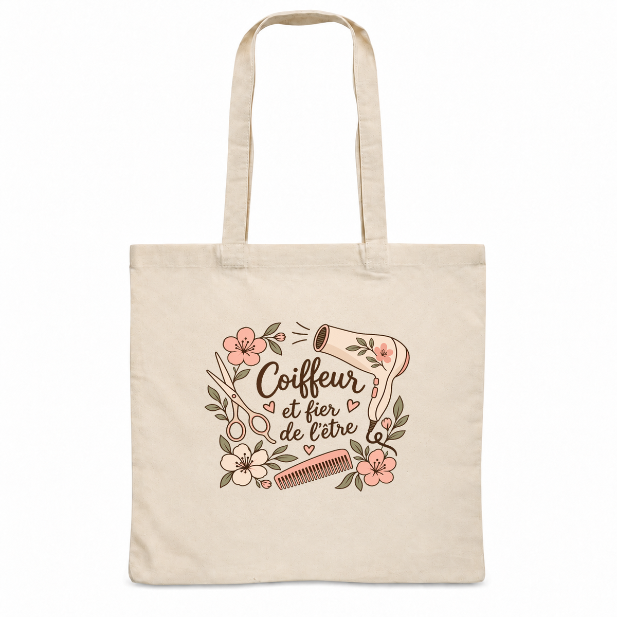 Tote bag coiffeur « Coiffeur et fier de l'être » Essentiel, sac plat en coton naturel 140 g/m² de 38 × 42 cm, illustration bohème d'un sèche-cheveux, de ciseaux, d'un peigne et de fleurs