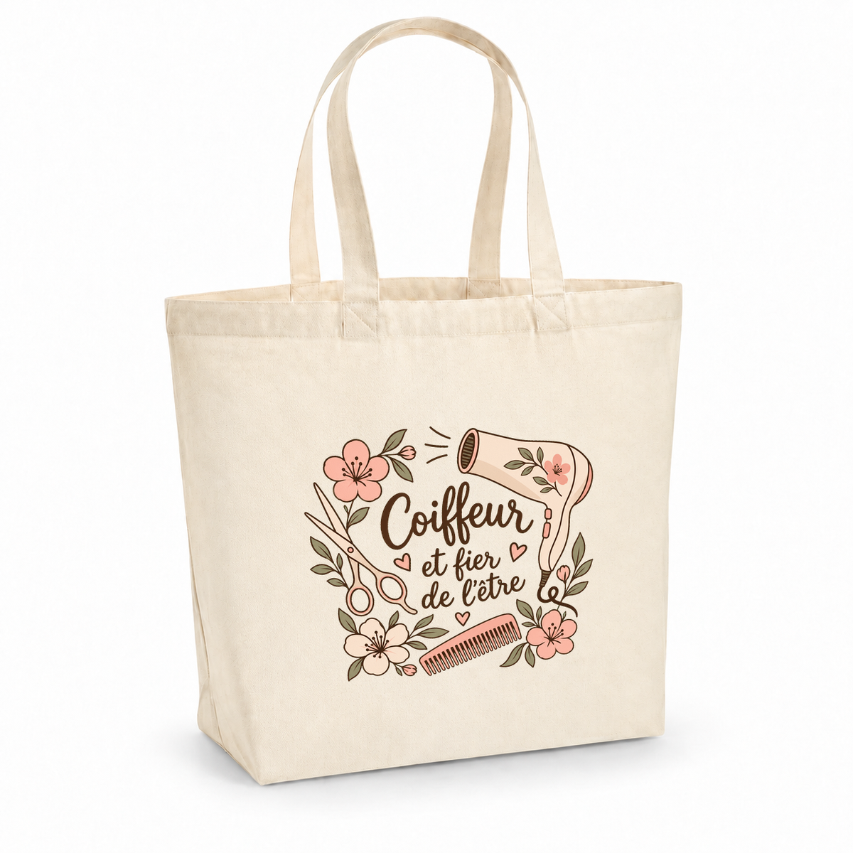 Tote bag coiffeur « Coiffeur et fier de l'être » Premium, cabas à soufflet en coton naturel 200 g/m² de 18 litres, illustration bohème d'un sèche-cheveux, de ciseaux, d'un peigne et de fleurs