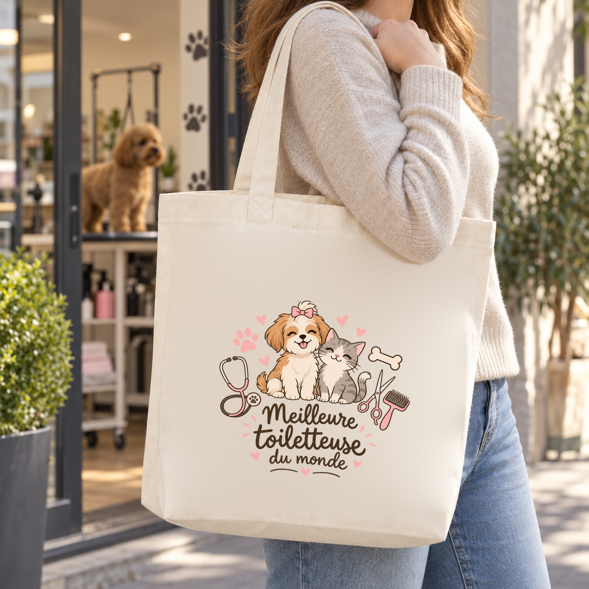Tote bag toiletteuse canine « Meilleure toiletteuse du monde » Premium porté à l'épaule dans un salon de toilettage