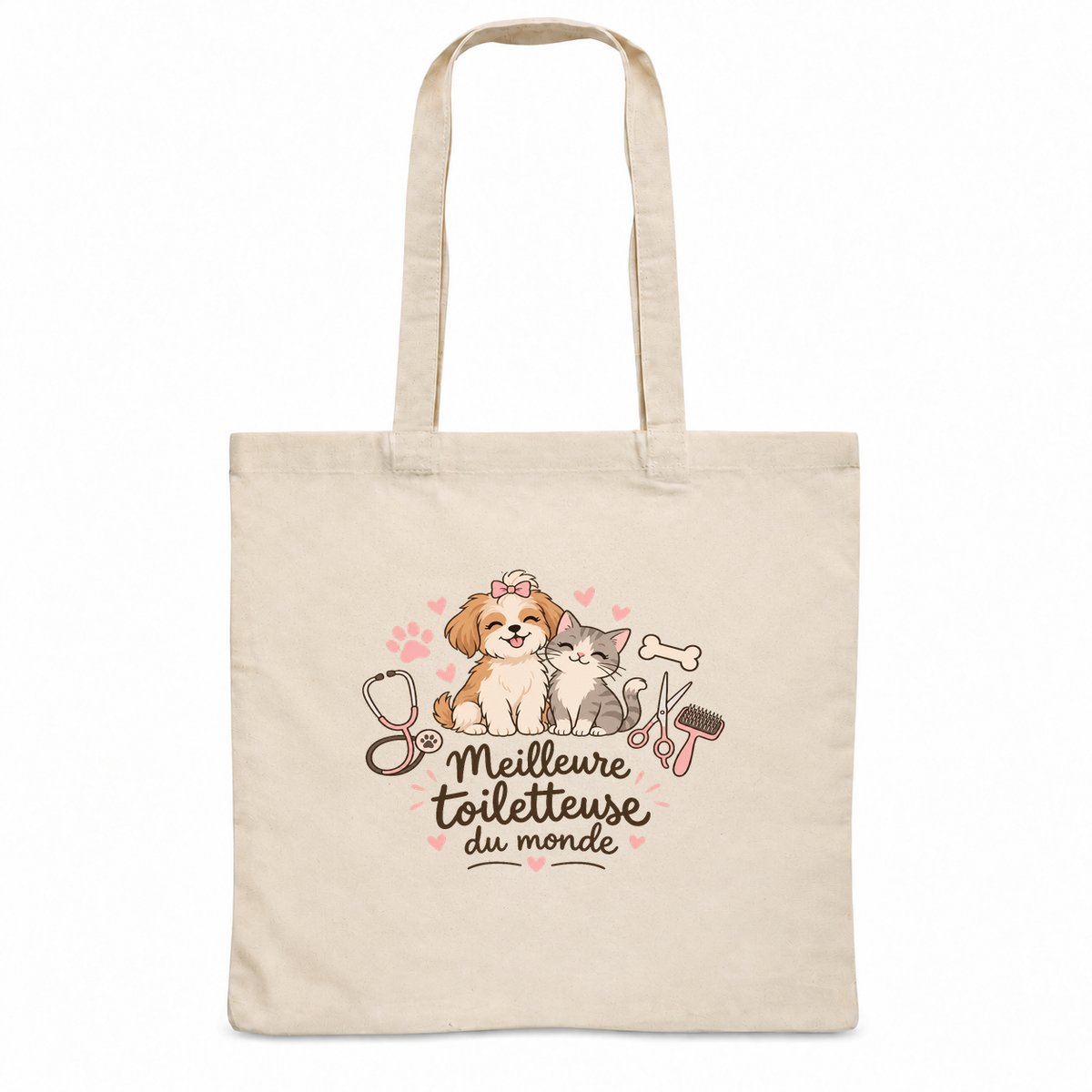 Tote bag toiletteuse canine « Meilleure toiletteuse du monde » Essentiel, sac plat en coton naturel 140 g/m² de 38 × 42 cm, illustration bohème d'un chiot, d'un chaton, de ciseaux et d'une brosse