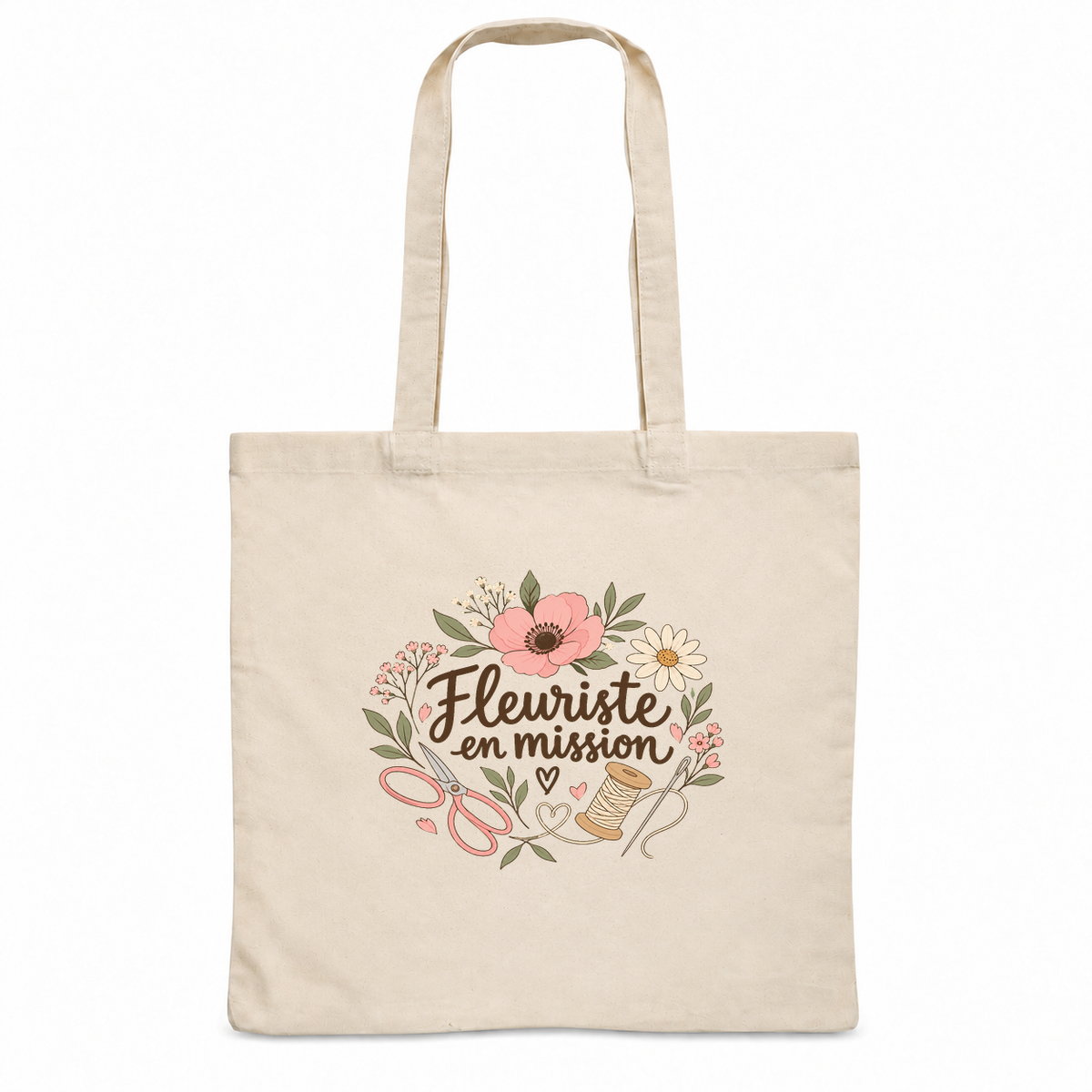 Tote bag fleuriste « Fleuriste en mission » Essentiel, sac plat en coton naturel 140 g/m² de 38 × 42 cm, illustration bohème d'une couronne de fleurs, de ciseaux et d'une bobine de fil