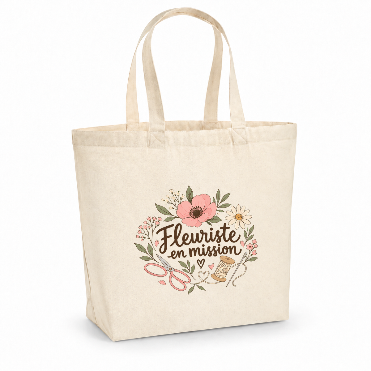 Tote bag fleuriste « Fleuriste en mission » Premium, cabas à soufflet en coton naturel 200 g/m² de 18 litres, illustration bohème d'une couronne de fleurs, de ciseaux et d'une bobine de fil