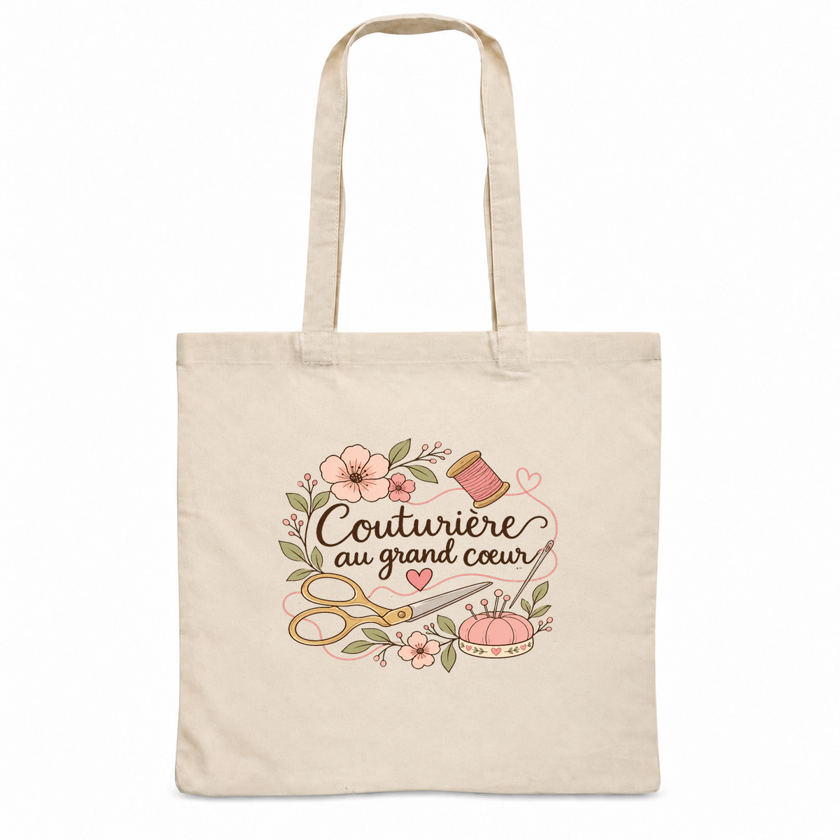 Tote bag couturière « Couturière au grand cœur » Essentiel, sac plat en coton naturel 140 g/m² de 38 × 42 cm, illustration bohème d'une bobine de fil, de ciseaux, d'une pelote à épingles et de fleurs