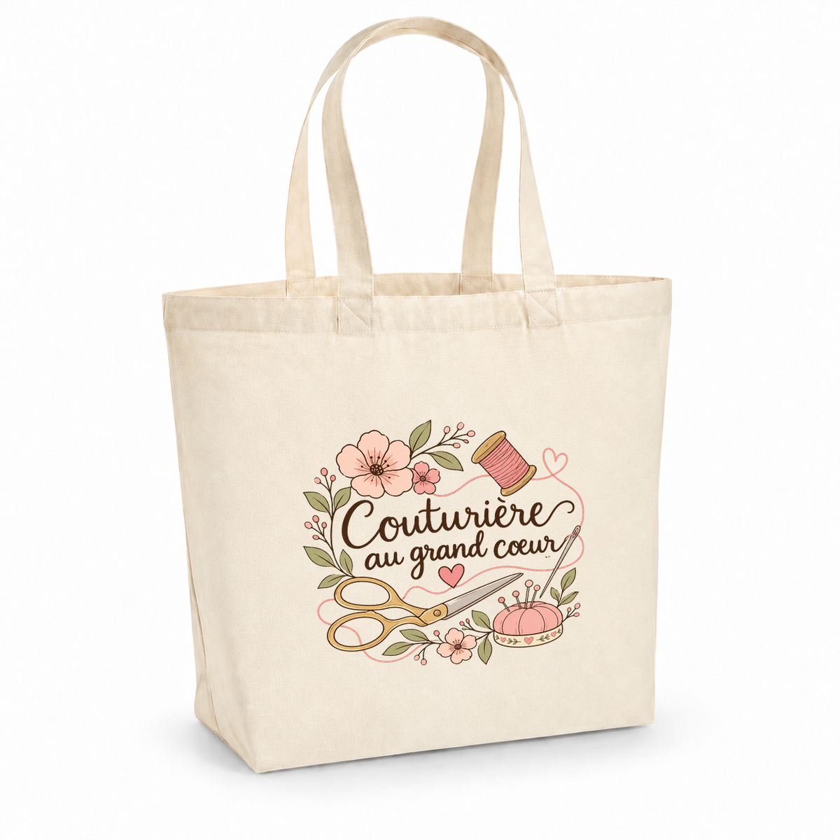 Tote bag couturière « Couturière au grand cœur » Premium, cabas à soufflet en coton naturel 200 g/m² de 18 litres, illustration bohème d'une bobine de fil, de ciseaux, d'une pelote à épingles et de fleurs