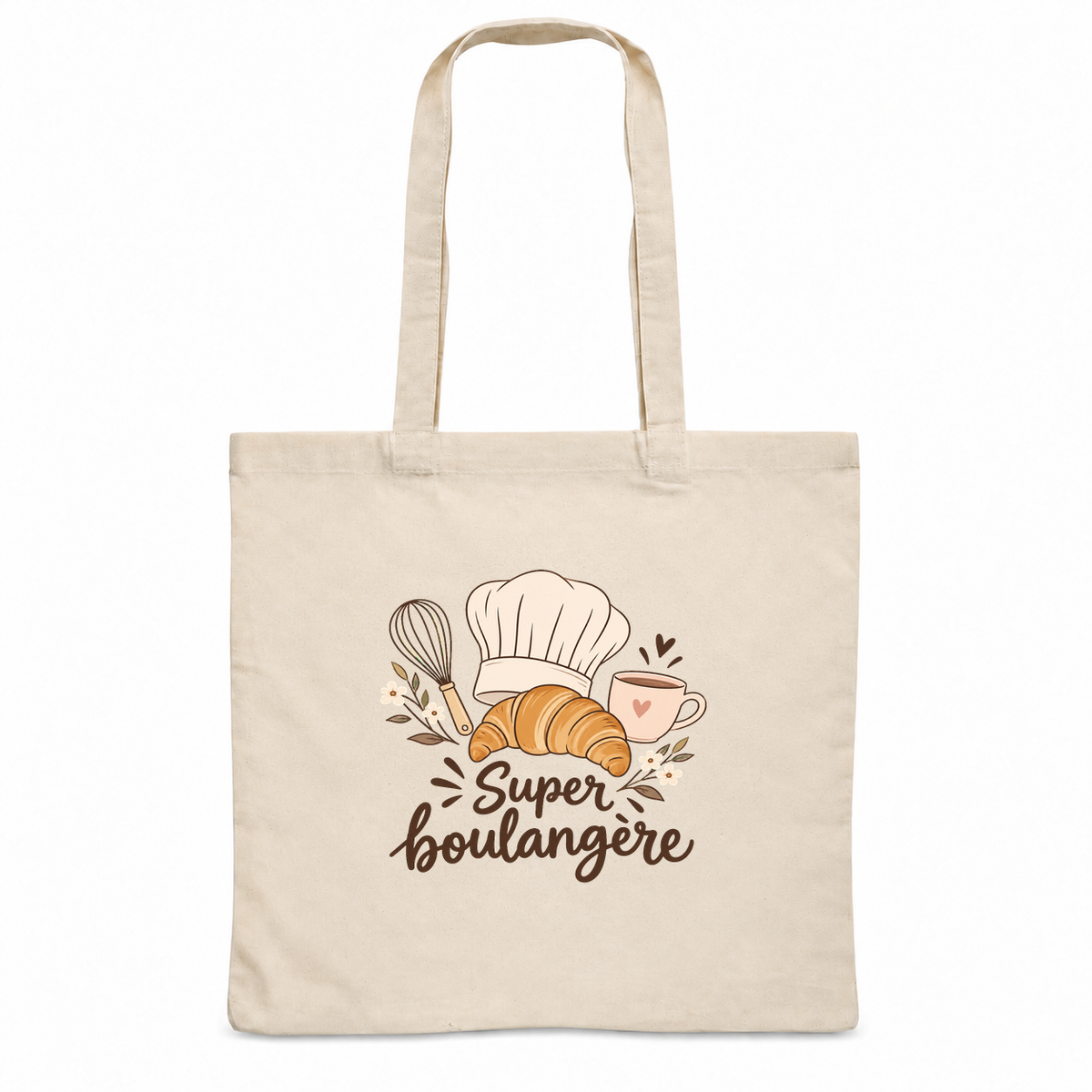 Tote bag boulangère « Super boulangère » Essentiel, sac plat en coton naturel 140 g/m² de 38 × 42 cm, illustration bohème d'une toque, d'un croissant, d'un fouet et d'une tasse