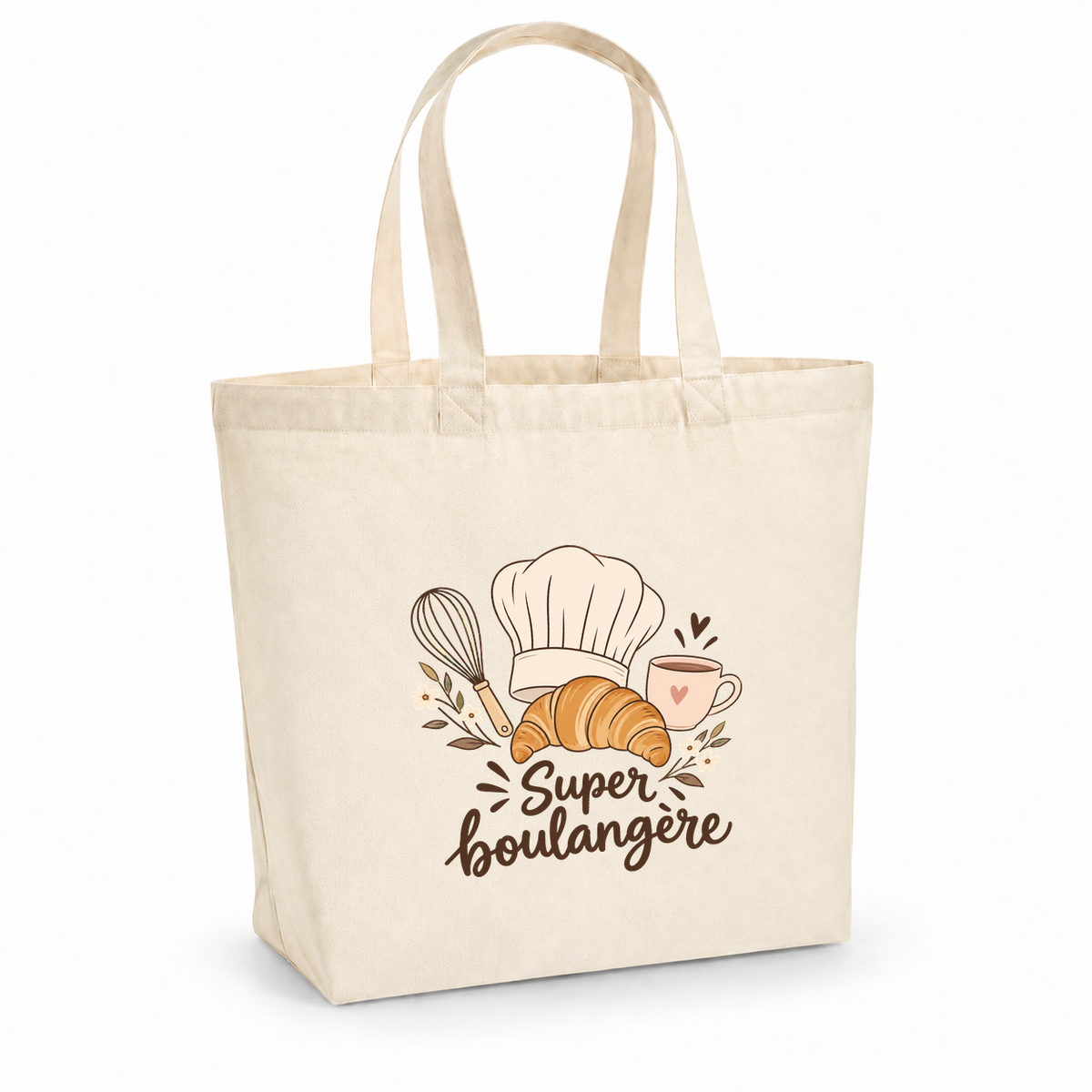 Tote bag boulangère « Super boulangère » Premium, cabas à soufflet en coton naturel 200 g/m² de 18 litres, illustration bohème d'une toque, d'un croissant, d'un fouet et d'une tasse