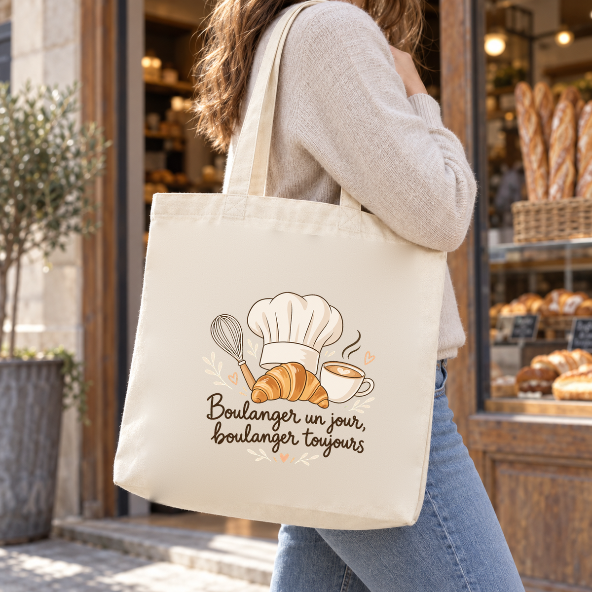 Tote bag boulanger « Boulanger un jour, boulanger toujours » Premium porté à l'épaule devant la boulangerie
