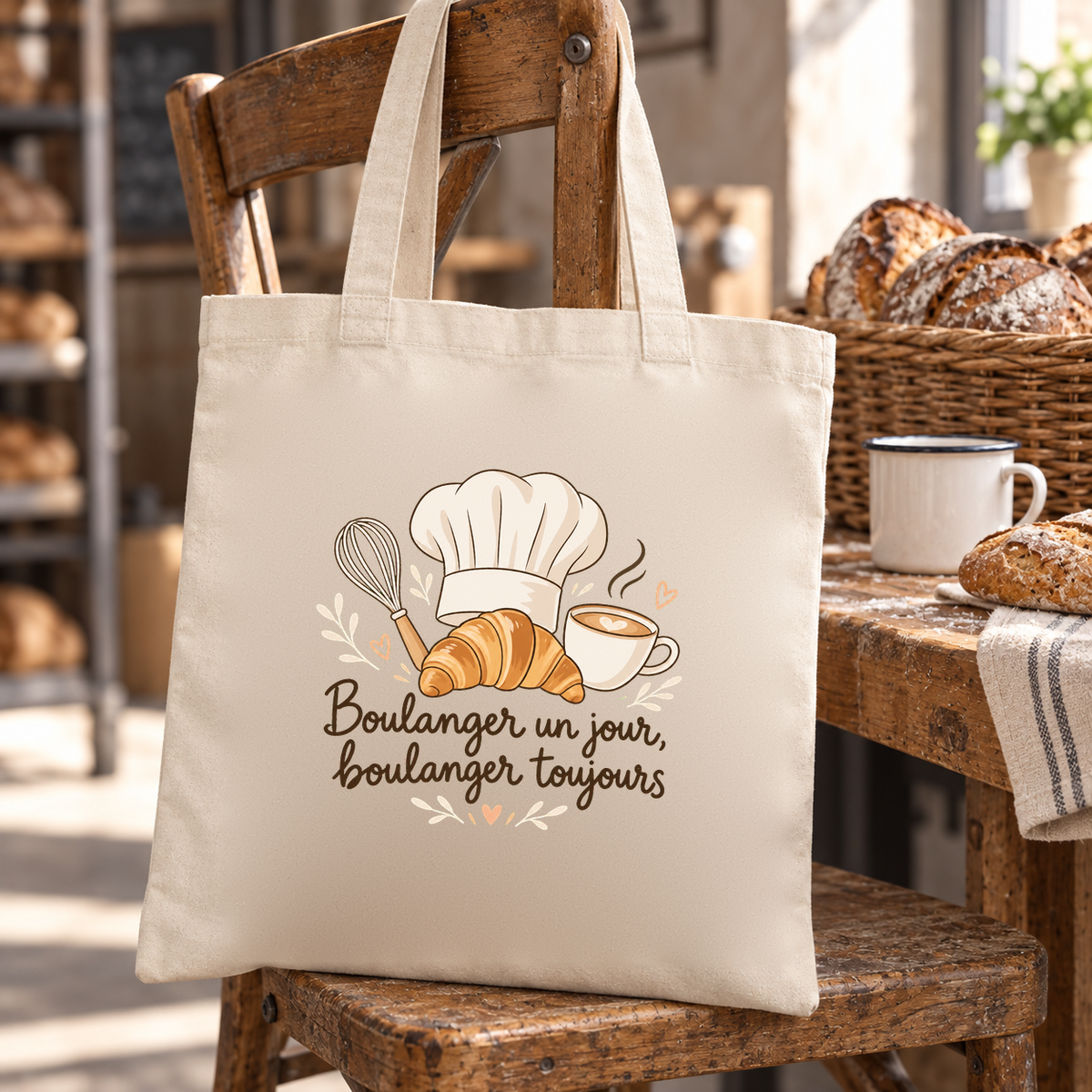 Tote bag boulanger « Boulanger un jour, boulanger toujours » Essentiel suspendu à une chaise près d'un panier de pains