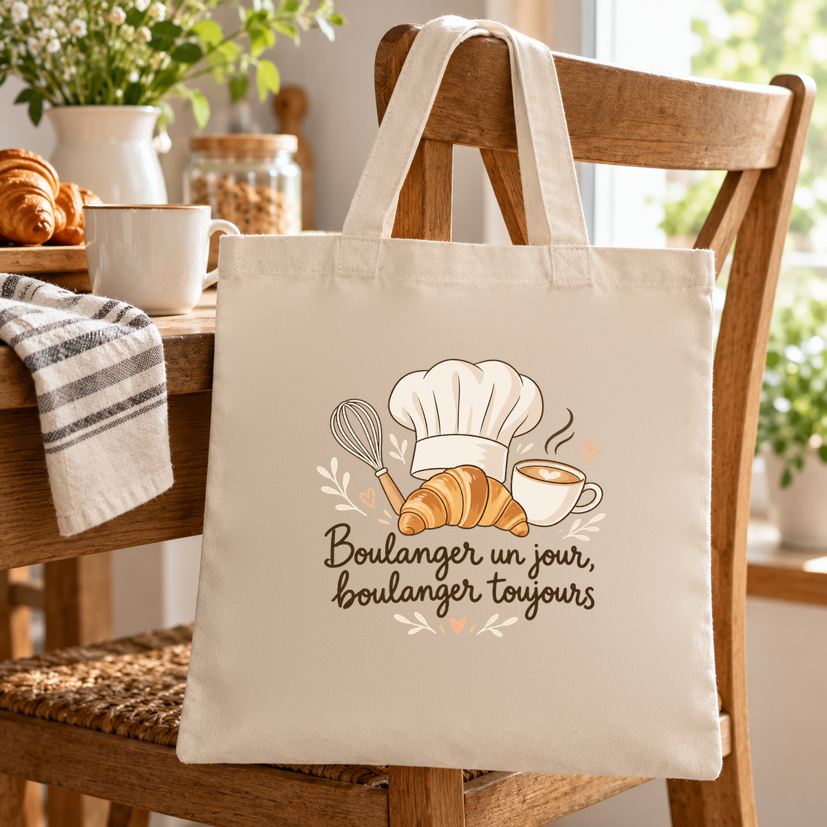 Tote bag boulanger « Boulanger un jour, boulanger toujours » Essentiel posé sur une chaise de la boulangerie, à côté d'une tasse