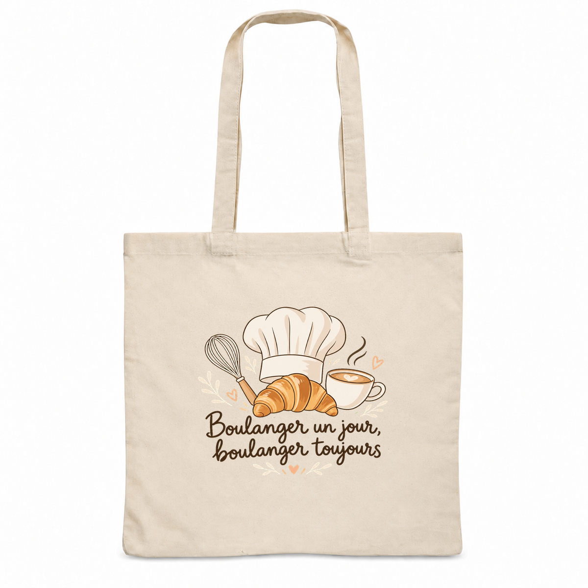 Tote bag boulanger « Boulanger un jour, boulanger toujours » Essentiel, sac plat en coton naturel 140 g/m² de 38 × 42 cm, illustration bohème d'une toque, d'un croissant, d'un fouet et d'une tasse