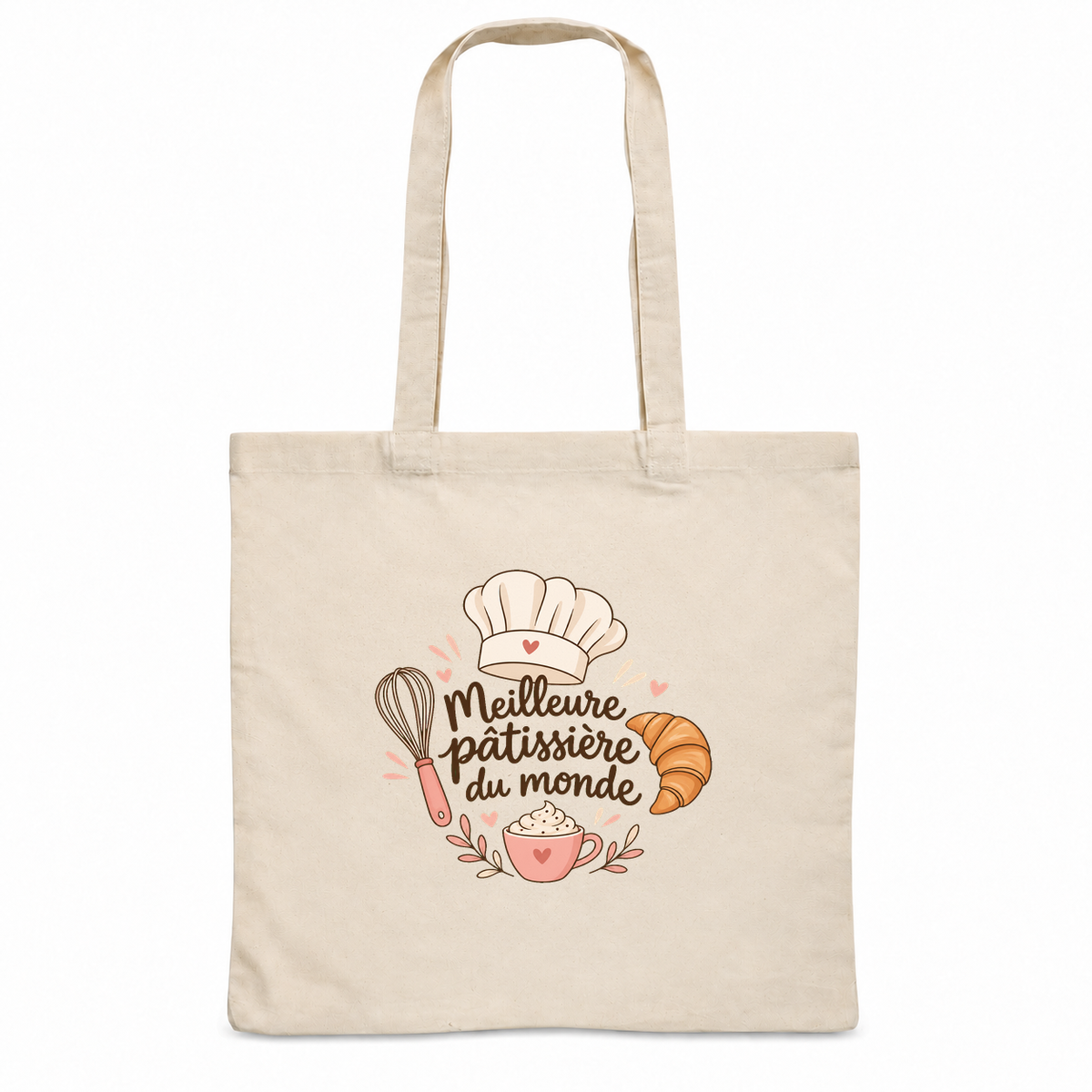 Tote bag pâtissière « Meilleure pâtissière du monde » Essentiel, sac plat en coton naturel 140 g/m² de 38 × 42 cm, illustration bohème d'une toque, d'un croissant, d'un fouet et d'une tasse