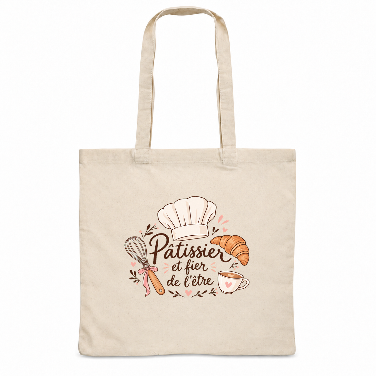 Tote bag pâtissier « Pâtissier et fier de l'être » Essentiel, sac plat en coton naturel 140 g/m² de 38 × 42 cm, illustration bohème d'une toque, d'un croissant, d'un fouet et d'une tasse