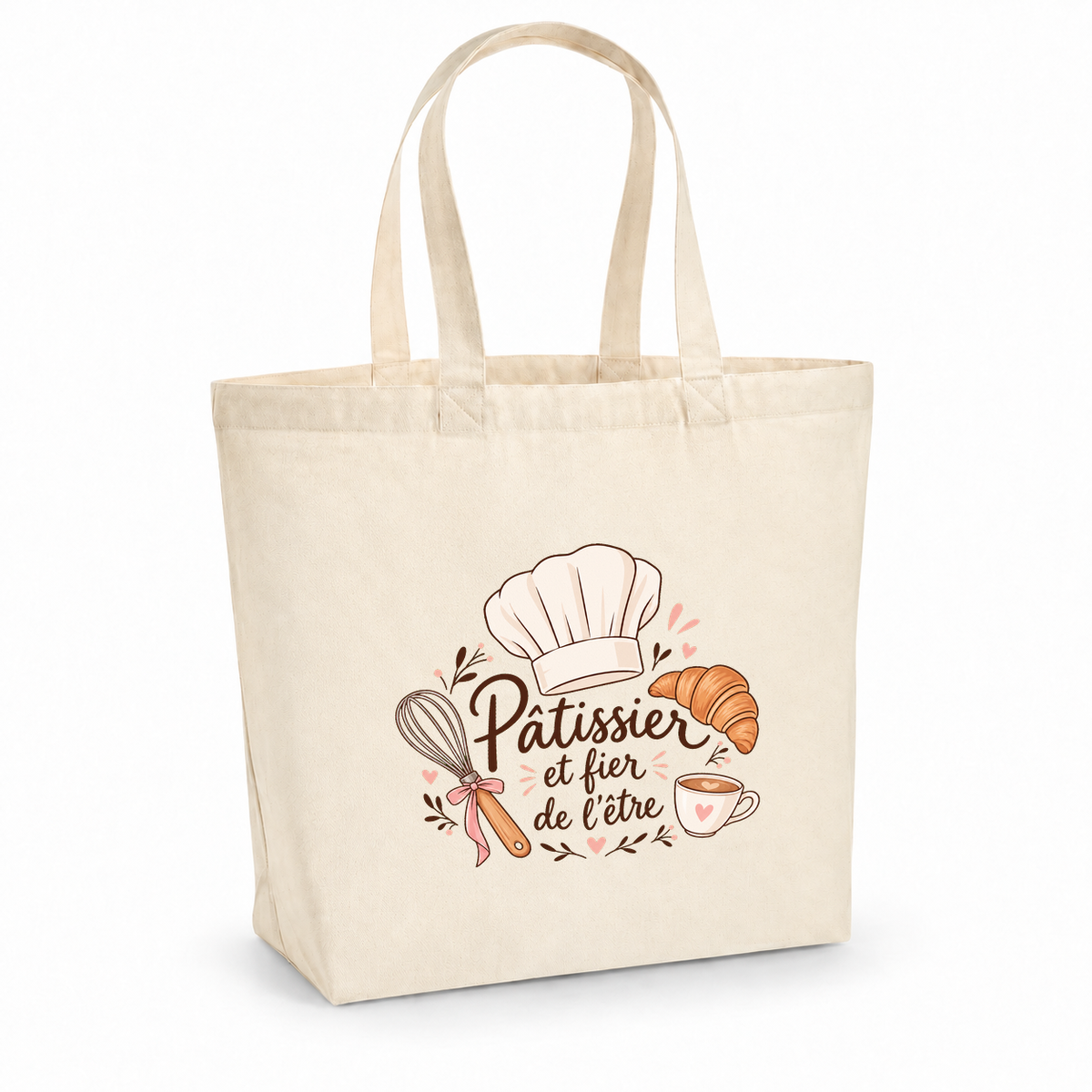 Tote bag pâtissier « Pâtissier et fier de l'être » Premium, cabas à soufflet en coton naturel 200 g/m² de 18 litres, illustration bohème d'une toque, d'un croissant, d'un fouet et d'une tasse