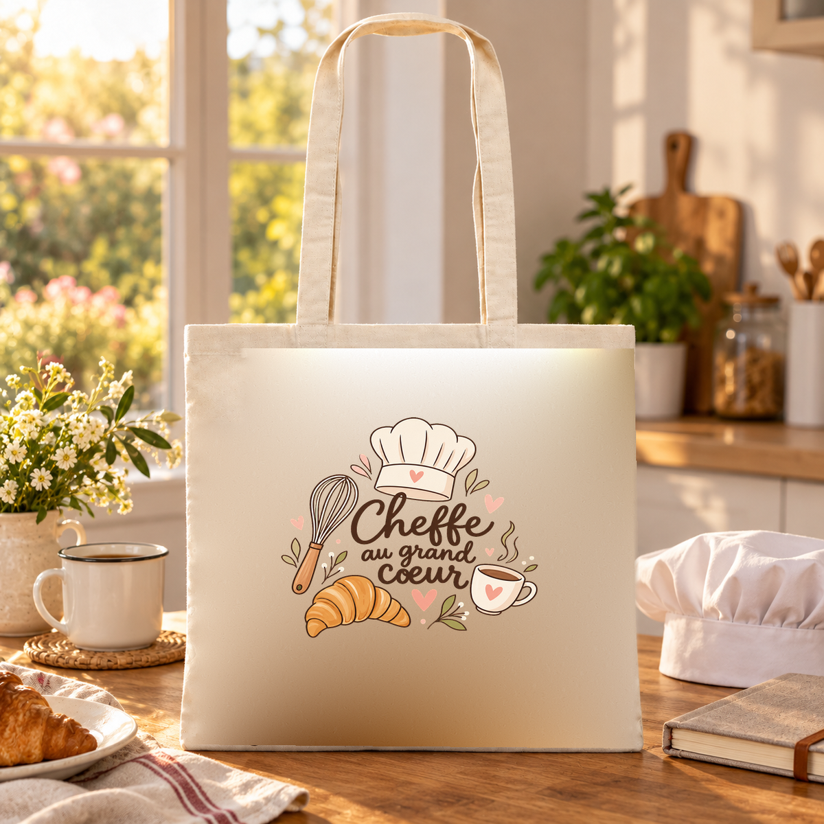 Tote bag cheffe cuisinière « Cheffe au grand cœur » Essentiel posé sur une table de cuisine, à côté d'une toque