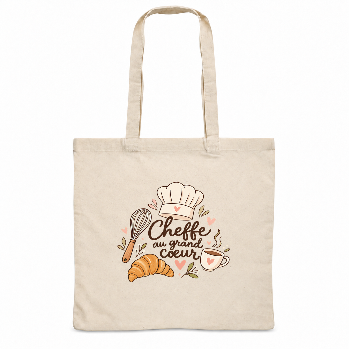 Tote bag cheffe cuisinière « Cheffe au grand cœur » Essentiel, sac plat en coton naturel 140 g/m² de 38 × 42 cm, illustration bohème d'une toque, d'un croissant, d'un fouet et d'une tasse