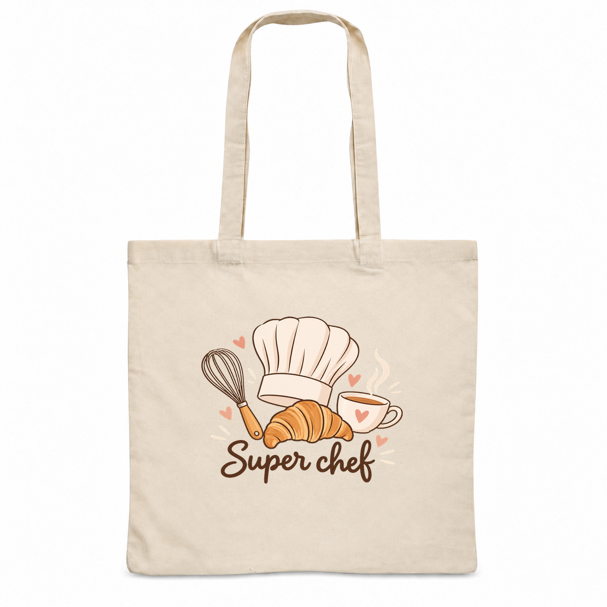 Tote bag chef cuisinier « Super chef » Essentiel, sac plat en coton naturel 140 g/m² de 38 × 42 cm, illustration bohème d'une toque, d'un croissant, d'un fouet et d'une tasse