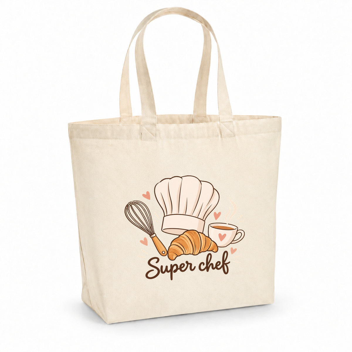 Tote bag chef cuisinier « Super chef » Premium, cabas à soufflet en coton naturel 200 g/m² de 18 litres, illustration bohème d'une toque, d'un croissant, d'un fouet et d'une tasse
