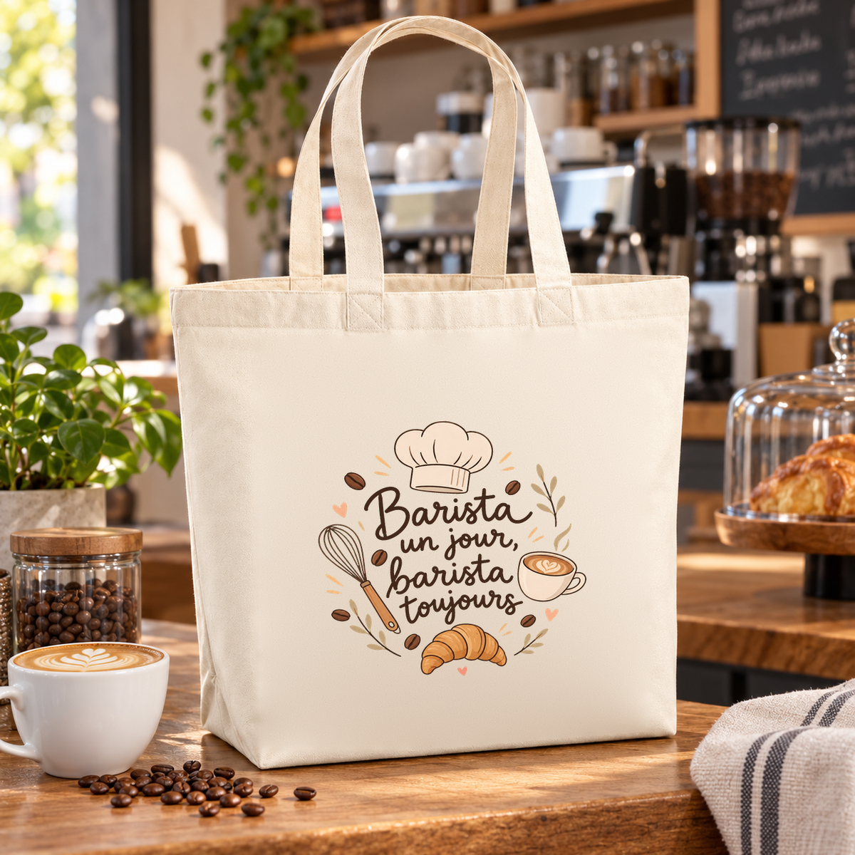 Tote bag barista « Barista un jour, barista toujours » Premium posé sur le comptoir, à côté d'un café au latte art et de grains de café