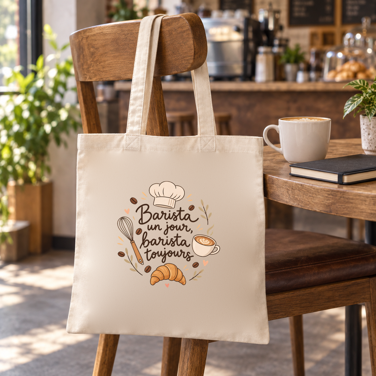 Tote bag barista « Barista un jour, barista toujours » Essentiel suspendu à une chaise du café, à côté d'une tasse