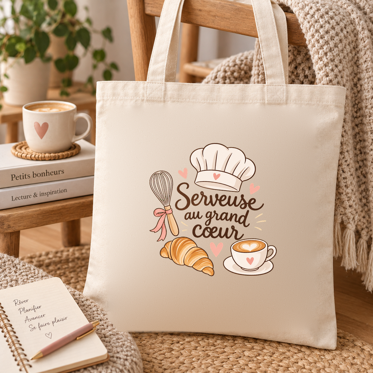 Tote bag serveuse « Serveuse au grand cœur » Essentiel posé sur une banquette, à côté d'un carnet de commandes