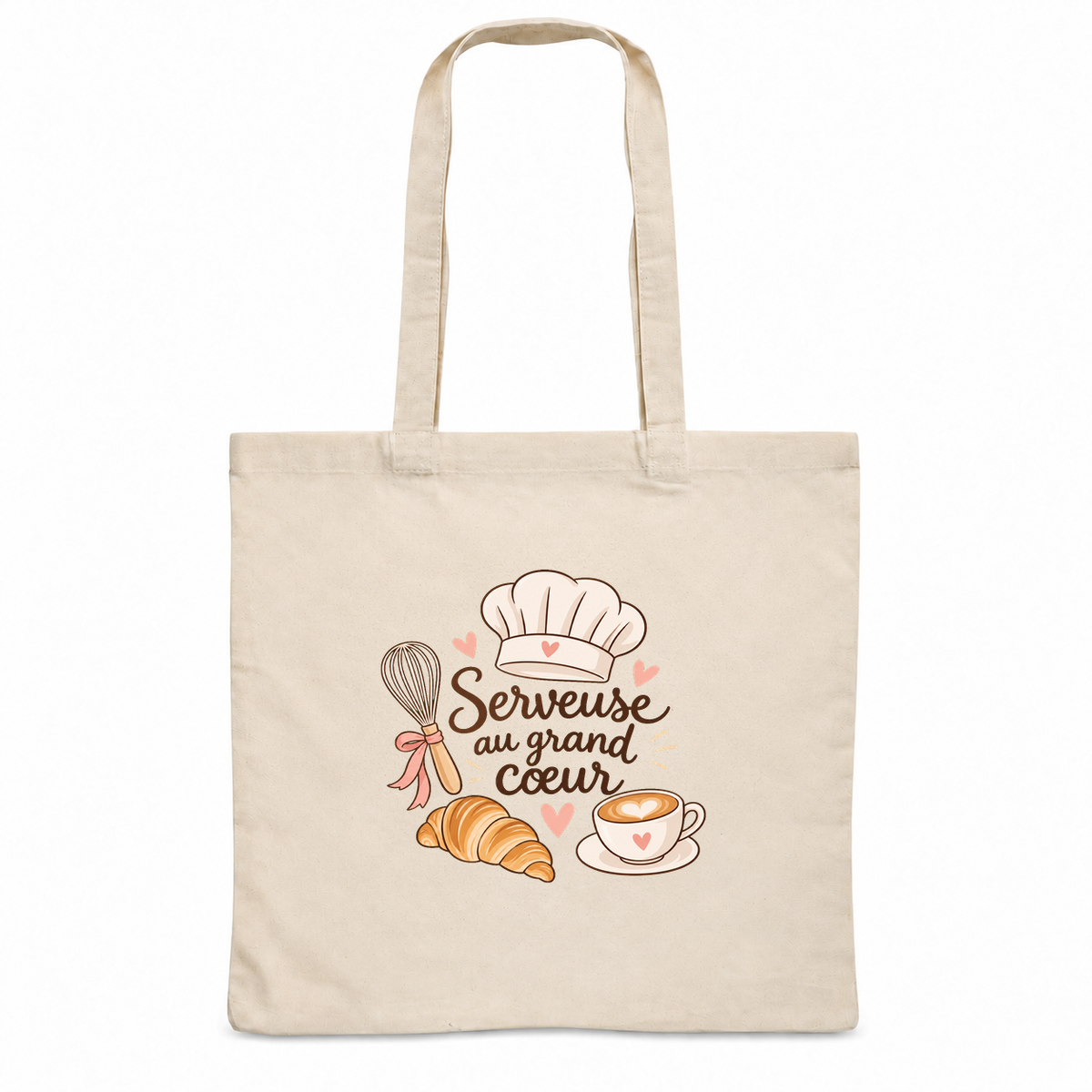 Tote bag serveuse « Serveuse au grand cœur » Essentiel, sac plat en coton naturel 140 g/m² de 38 × 42 cm, illustration bohème d'une tasse de cappuccino, d'un croissant, d'une toque et d'un fouet