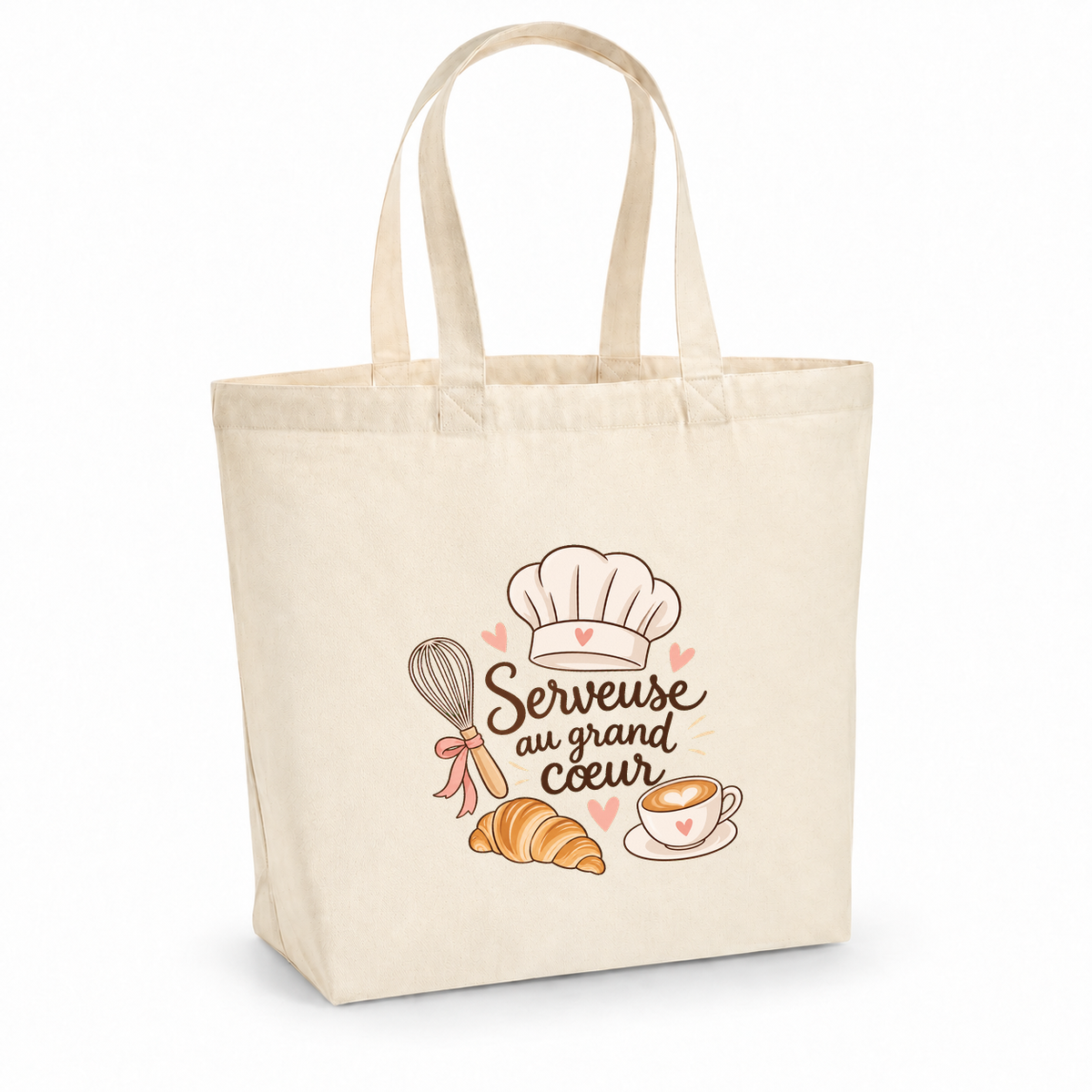 Tote bag serveuse « Serveuse au grand cœur » Premium, cabas à soufflet en coton naturel 200 g/m² de 18 litres, illustration bohème d'une tasse de cappuccino, d'un croissant, d'une toque et d'un fouet