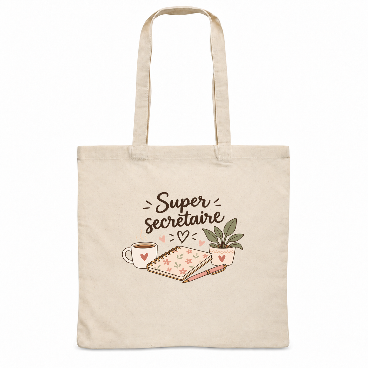 Tote bag secrétaire « Super secrétaire » Essentiel, sac plat en coton naturel 140 g/m² de 38 × 42 cm, illustration bohème d'une tasse de café, d'un carnet, d'un stylo et d'une plante en pot