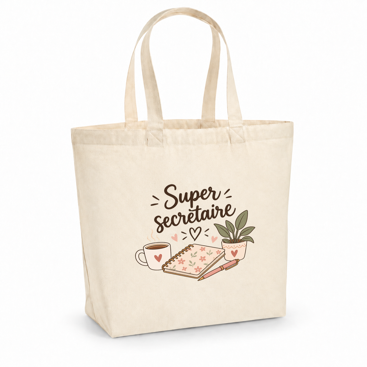 Tote bag secrétaire « Super secrétaire » Premium, cabas à soufflet en coton naturel 200 g/m² de 18 litres, illustration bohème d'une tasse de café, d'un carnet, d'un stylo et d'une plante en pot