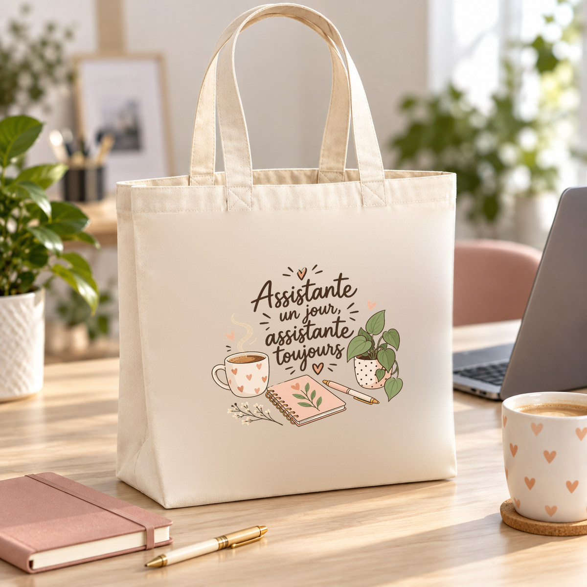 Tote bag assistante de direction « Assistante un jour, assistante toujours » Premium posé sur un bureau, à côté d'un ordinateur portable et d'un mug